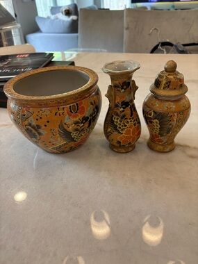 Satsuma Style Asian Ceramic Vase Ginger Jar Cachepot Set of 3 #P07